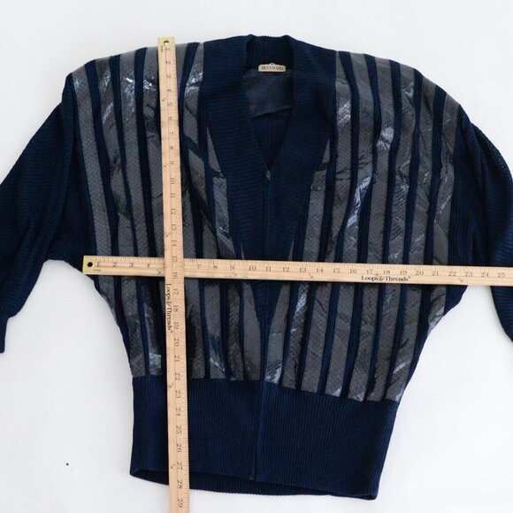Vintage Beltrami Navy 100% Silk Zip Up Cardigan w Shoulder Pad Sweater L - Picture 4 of 14